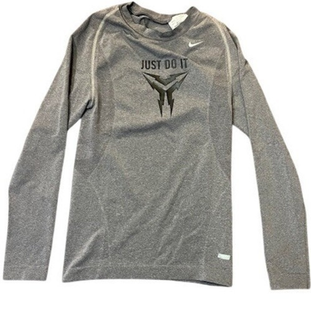 Nike Pro Hyperwarm Boys Gray Long Sleeve Compression Shirt Just Do It Graphic M